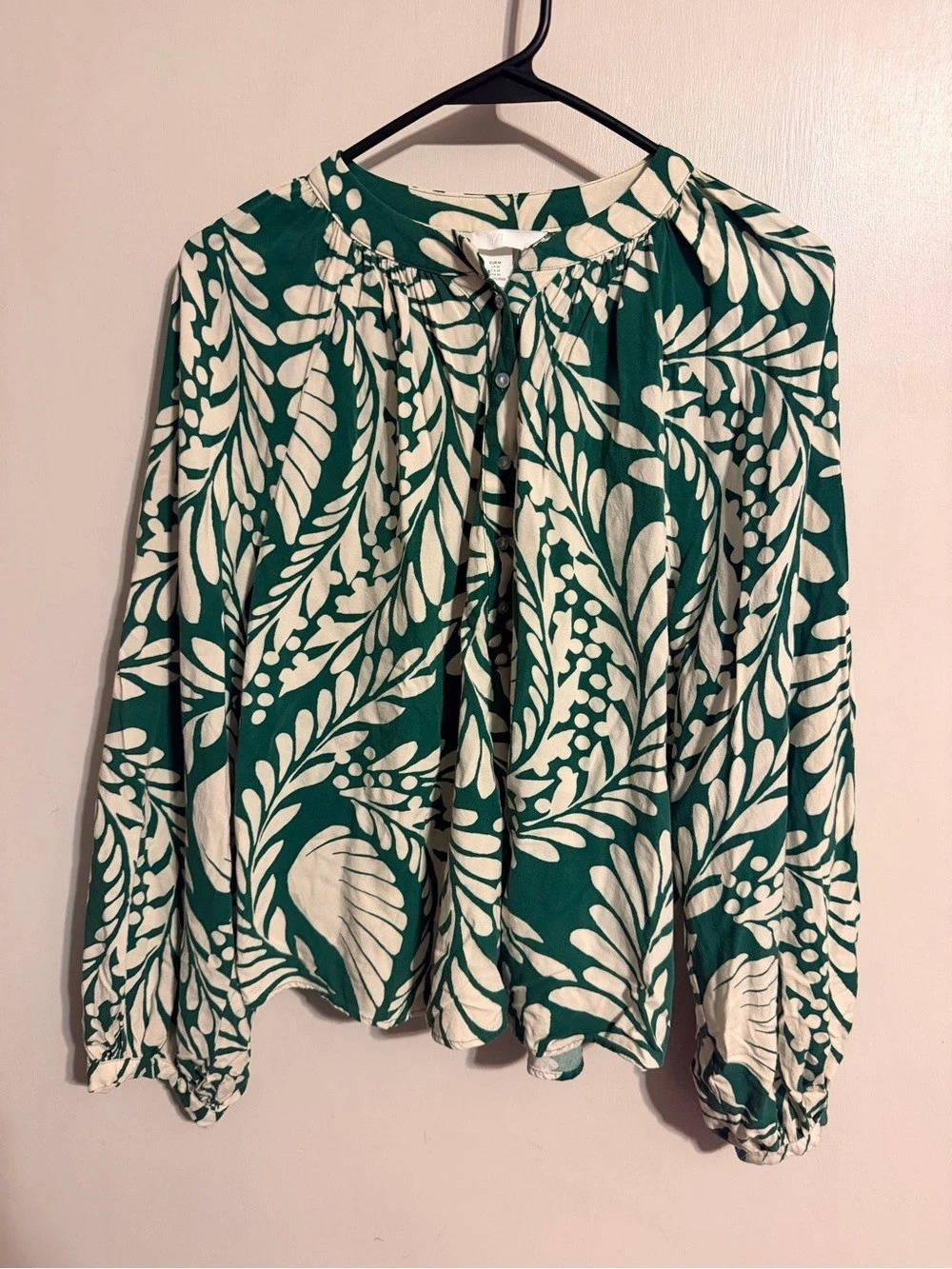 H&M Green Cream Botanical Print Balloon Sleeve Blouse Size M